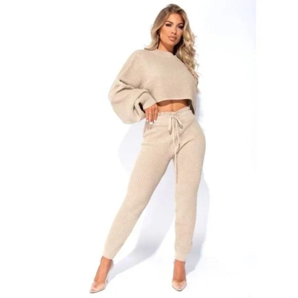 Beige Knitted Long Sleeve Sweater Crop Top and High Waist Pants Two Piece Set